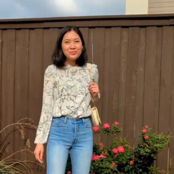 Theory Crewneck LS Stencil Floral Silk Top Blouse White Black S preppy minimal - Picture 2 of 9